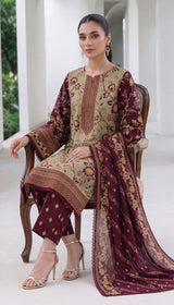 D# 1001 Maroon Digital Khaddar 3 Piece Unstitched