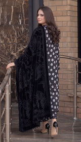 D # 110 Black Khaddar Shirt and Trouser with Valvet Shawl