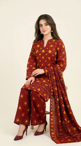 D# 11025 RED 3 PCS Unstitched Lawn
