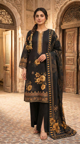 D# 11076 BLACK 3 PCS Unstitched Lawn