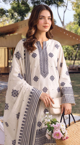 D# 11112 White 3 PCS Unstitched Lawn