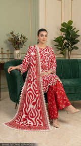 D# 11138 RED 3 PCS Unstitched Lawn