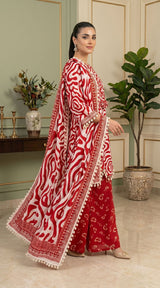 D# 11138 RED 3 PCS Unstitched Lawn