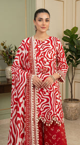 D# 11138 RED 3 PCS Unstitched Lawn