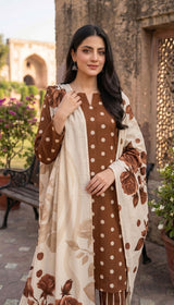 D# 7011 POLKA BROWN 3 PCS UNSTITCHED
