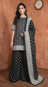 D# 7018 BLACK & WHITE 3 PCS Unstitched Lawn