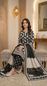 D# 7023 BLACK 3 Pcs Unstitched Lawn