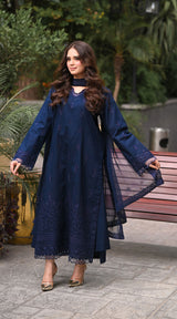 LNF 178 NAVY BLUE CHIKAN KARI LAWN 3 PCS