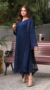 LNF 178 NAVY BLUE CHIKAN KARI LAWN 3 PCS