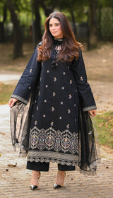 LNF 184 BLACK CHIKAN KARI LAWN 3 PCS