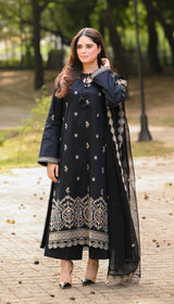 LNF 184 BLACK CHIKAN KARI LAWN 3 PCS