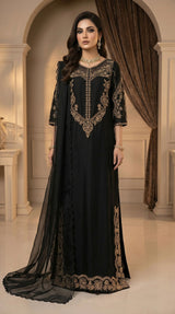 LNF-203 BLACK RTW LONG 3 PCS KAFTAAN