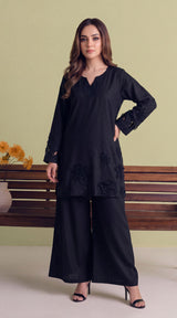 LNF-209 BLACK 2 PCS RTW EMBROIDERED SILK