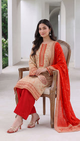 D# 1004 Red Digital Khaddar 3 Piece Unstitched