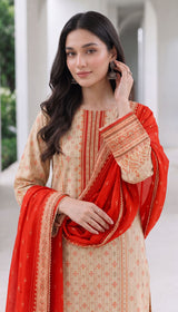 D# 1004 Red Digital Khaddar 3 Piece Unstitched