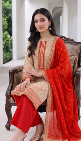 D# 1004 Red Digital Khaddar 3 Piece Unstitched