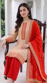 D# 1004 Red Digital Khaddar 3 Piece Unstitched