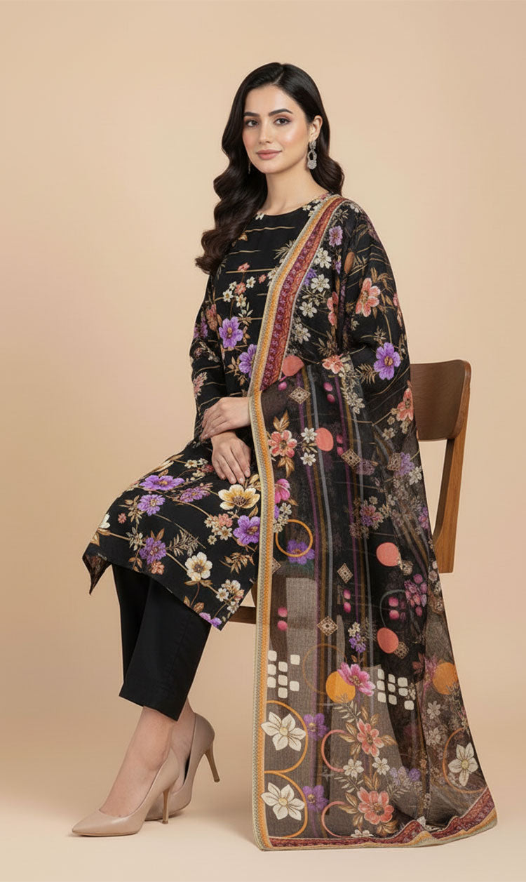 D#514 BLACK DIGITAL CLASSIC LINEN 3PCS UNSTITCHED