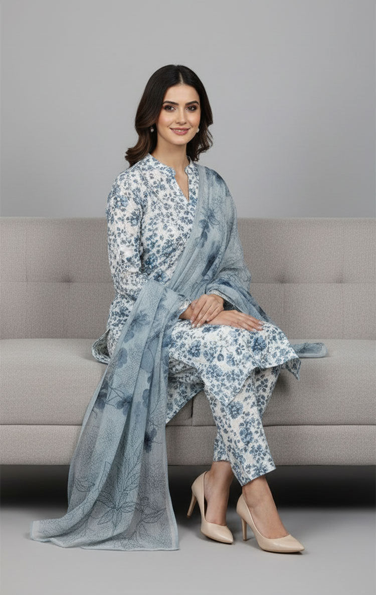 D#7008 SEA GREEN DIGITAL CLASSIC LINEN 3PCS UNSTITCHED