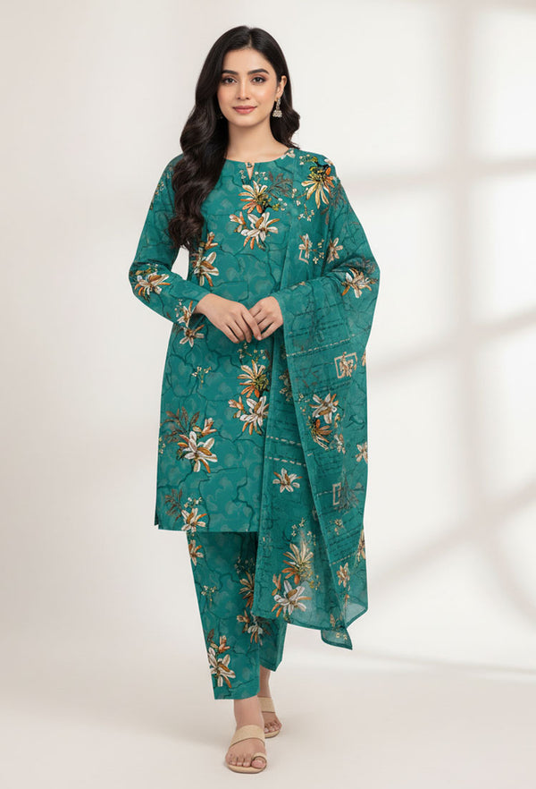 D#7036 GREEN DIGITAL CLASSIC LINEN 3PCS UNSTITCHED