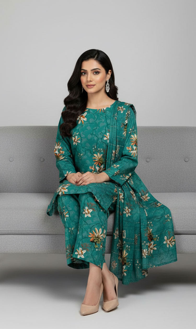 D#7036 GREEN DIGITAL CLASSIC LINEN 3PCS UNSTITCHED