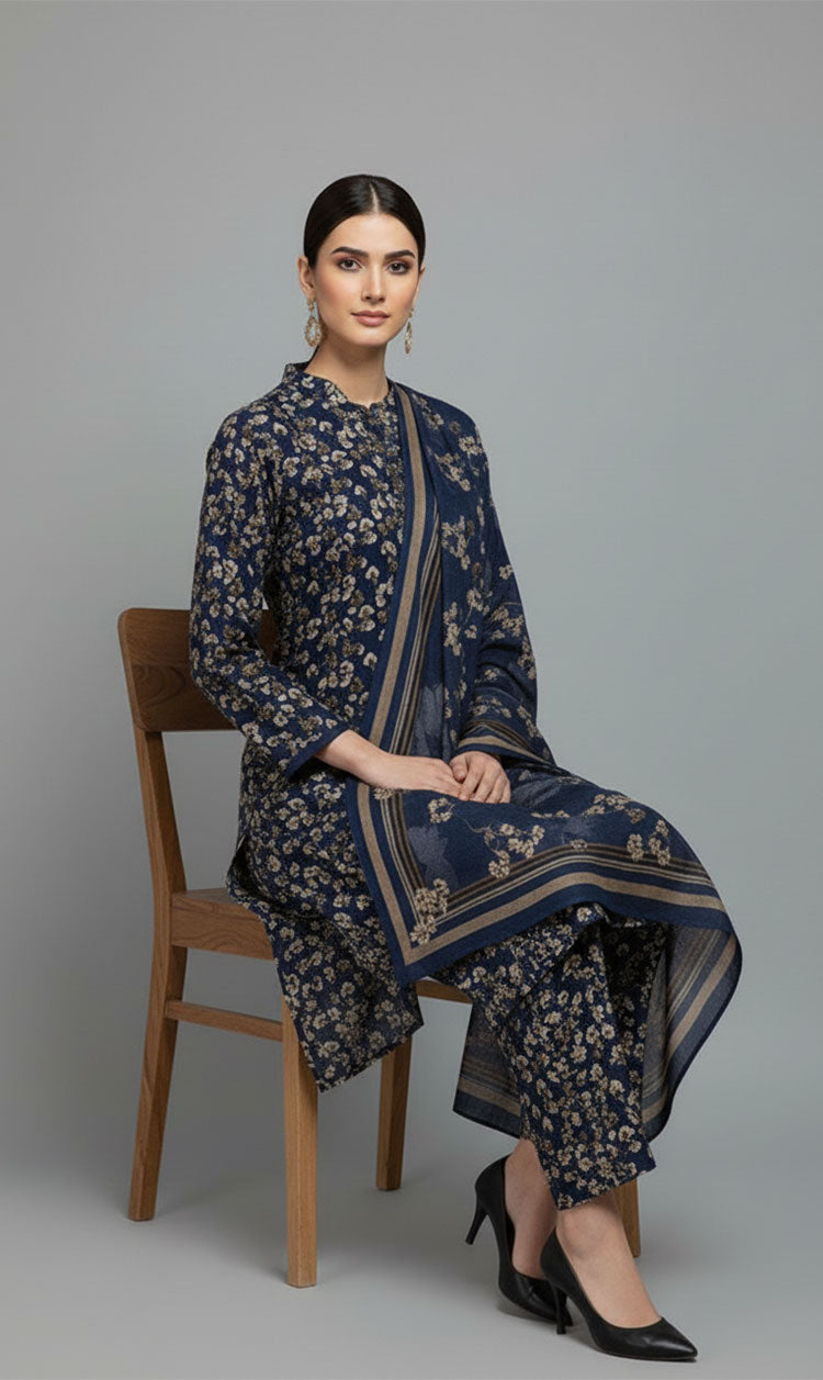D#7037 NAVY DIGITAL CLASSIC LINEN 3PCS UNSTITCHED