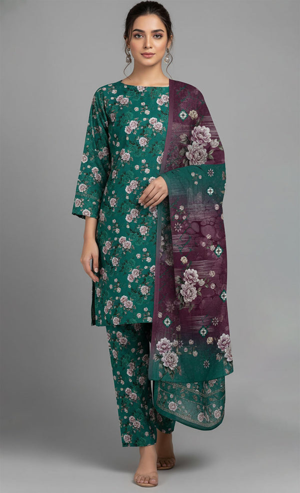 D#7042 GREEN DIGITAL CLASSIC LINEN 3PCS UNSTITCHED