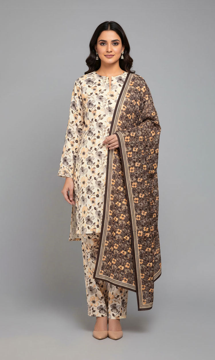 D#7055 BEIGE DIGITAL CLASSIC LINEN 3PCS UNSTITCHED