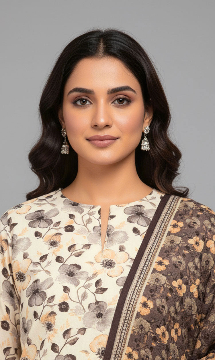 D#7055 BEIGE DIGITAL CLASSIC LINEN 3PCS UNSTITCHED