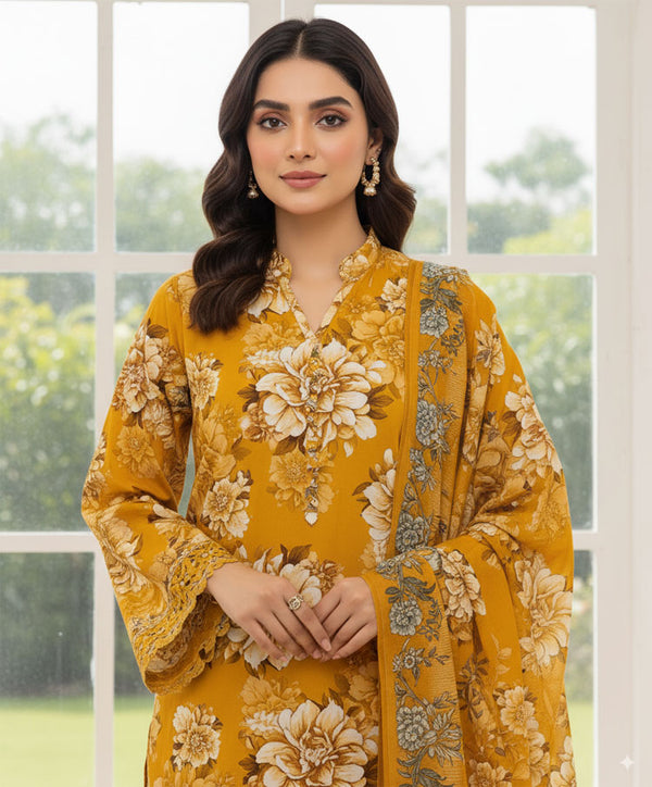 D#7056 MUSTARD DIGITAL CLASSIC LINEN 3PCS UNSTITCHED