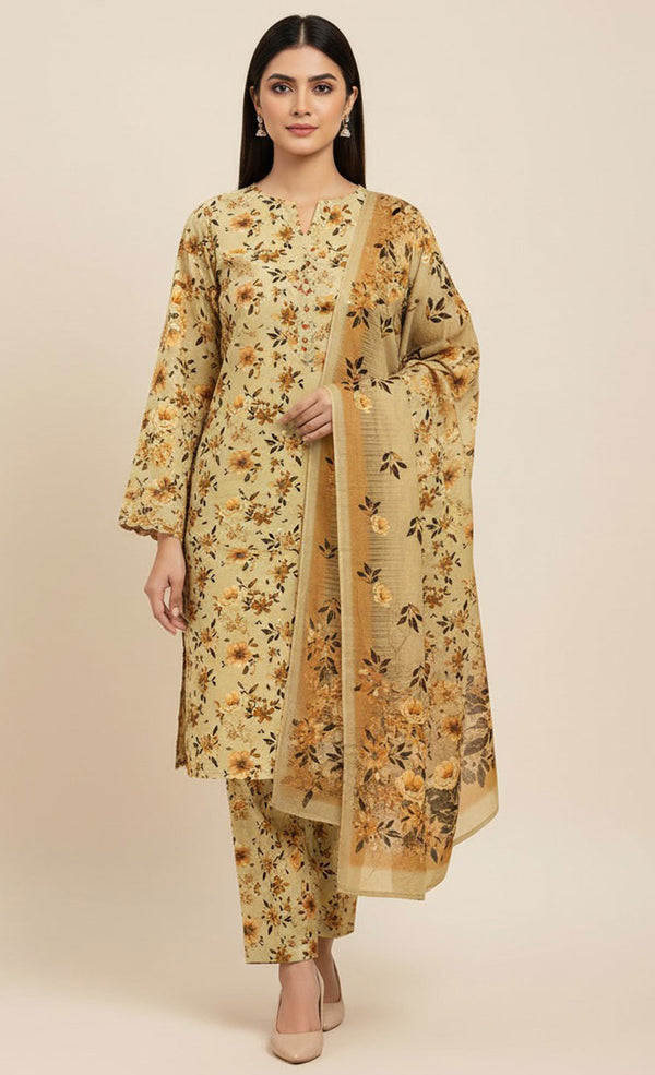 D# 8026 PRINTED BROWN 3 PCS UNSTITCHED