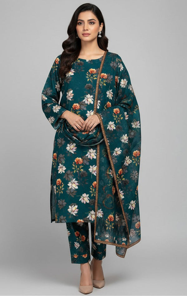 D# 8039 PRINTED TEAL BLUE 3 PCS UNSTITCHED