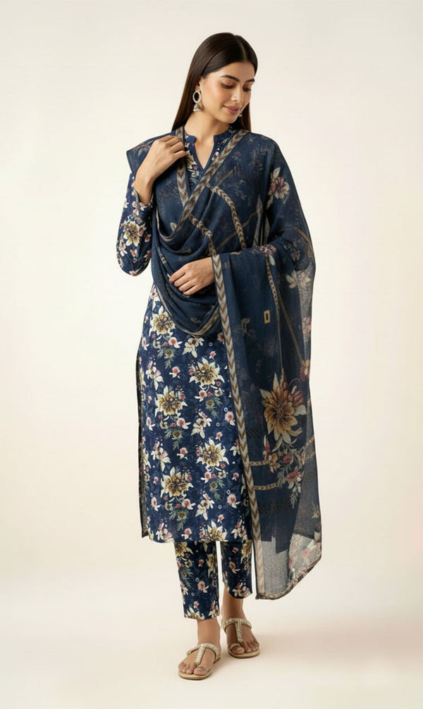 D#830 BLUE DIGITAL CLASSIC LINEN 3PCS UNSTITCHED