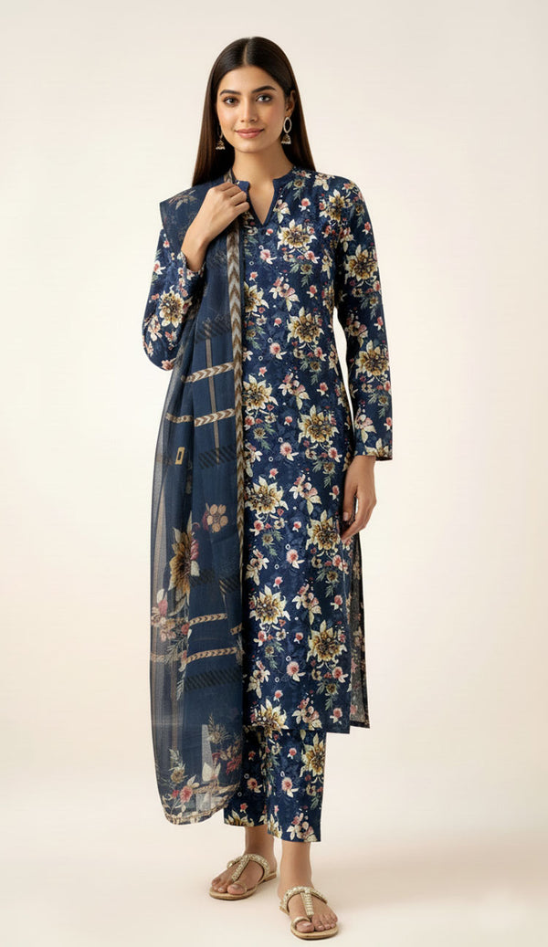D#830 BLUE DIGITAL CLASSIC LINEN 3PCS UNSTITCHED