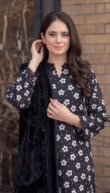 D # 110 Black Khaddar Shirt and Trouser with Valvet Shawl