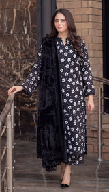 D # 110 Black Khaddar Shirt and Trouser with Valvet Shawl