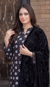 D # 110 Black Khaddar Shirt and Trouser with Valvet Shawl