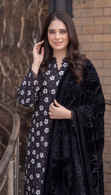D # 110 Black Khaddar Shirt and Trouser with Valvet Shawl