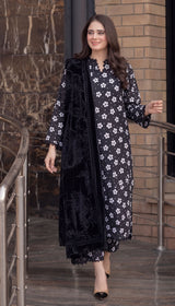 D # 110 Black Khaddar Shirt and Trouser with Valvet Shawl