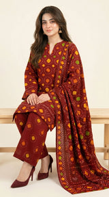 D# 11025 RED 3 PCS Unstitched Lawn