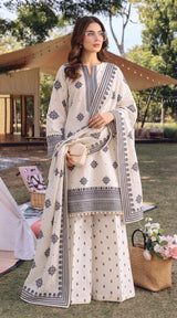 D# 11112 White 3 PCS Unstitched Lawn