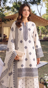 D# 11112 White 3 PCS Unstitched Lawn