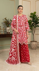 D# 11138 RED 3 PCS Unstitched Lawn