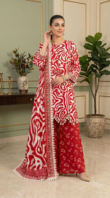 D# 11138 RED 3 PCS Unstitched Lawn