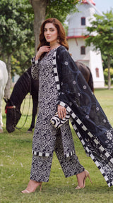D# 3504 Black & White 3 PCS Unstitched Lawn