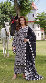 D# 3504 Black & White 3 PCS Unstitched Lawn