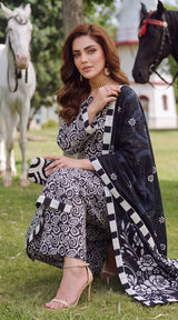 D# 3504 Black & White 3 PCS Unstitched Lawn