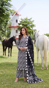 D# 3504 Black & White 3 PCS Unstitched Lawn