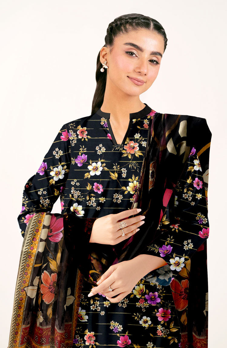 D#514 PRINTED BLACK 3 PCS UNSTITCHED