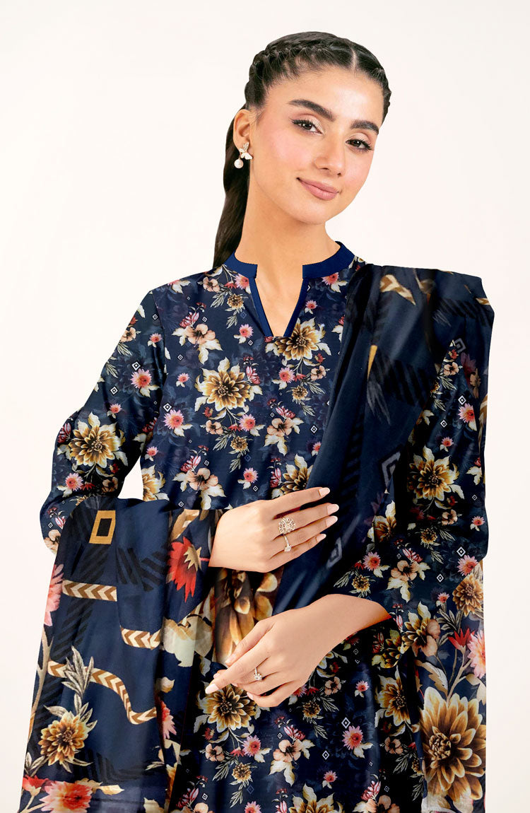 D#830 PRINTED NAVY BLUE 3 PCS UNSTITCHED